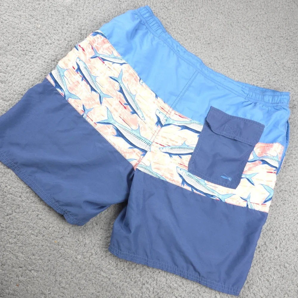 Vineyard Vines Swim Trunks Sharks Print‎ Drawstring Pocket Blue Mens Size L